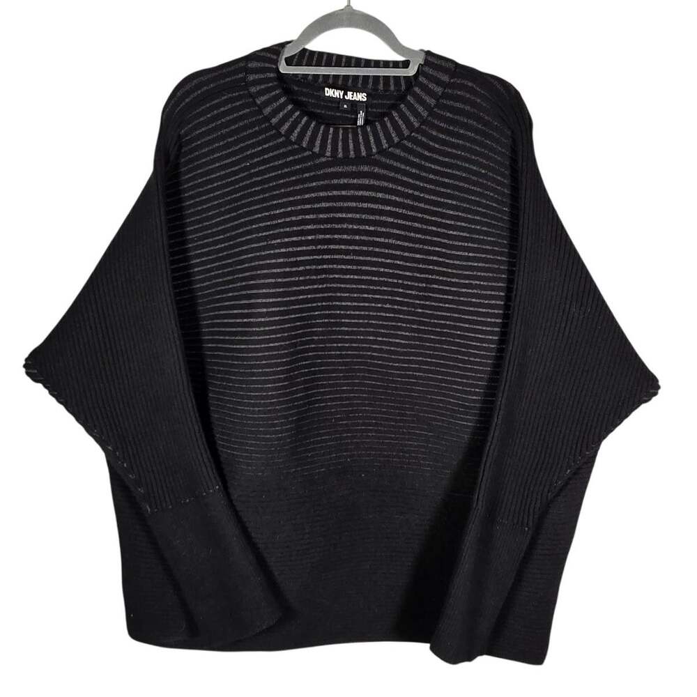 DKNY Jeans Black Gray Striped Dolman Sleeve Ribbed Oversized Sweater XL